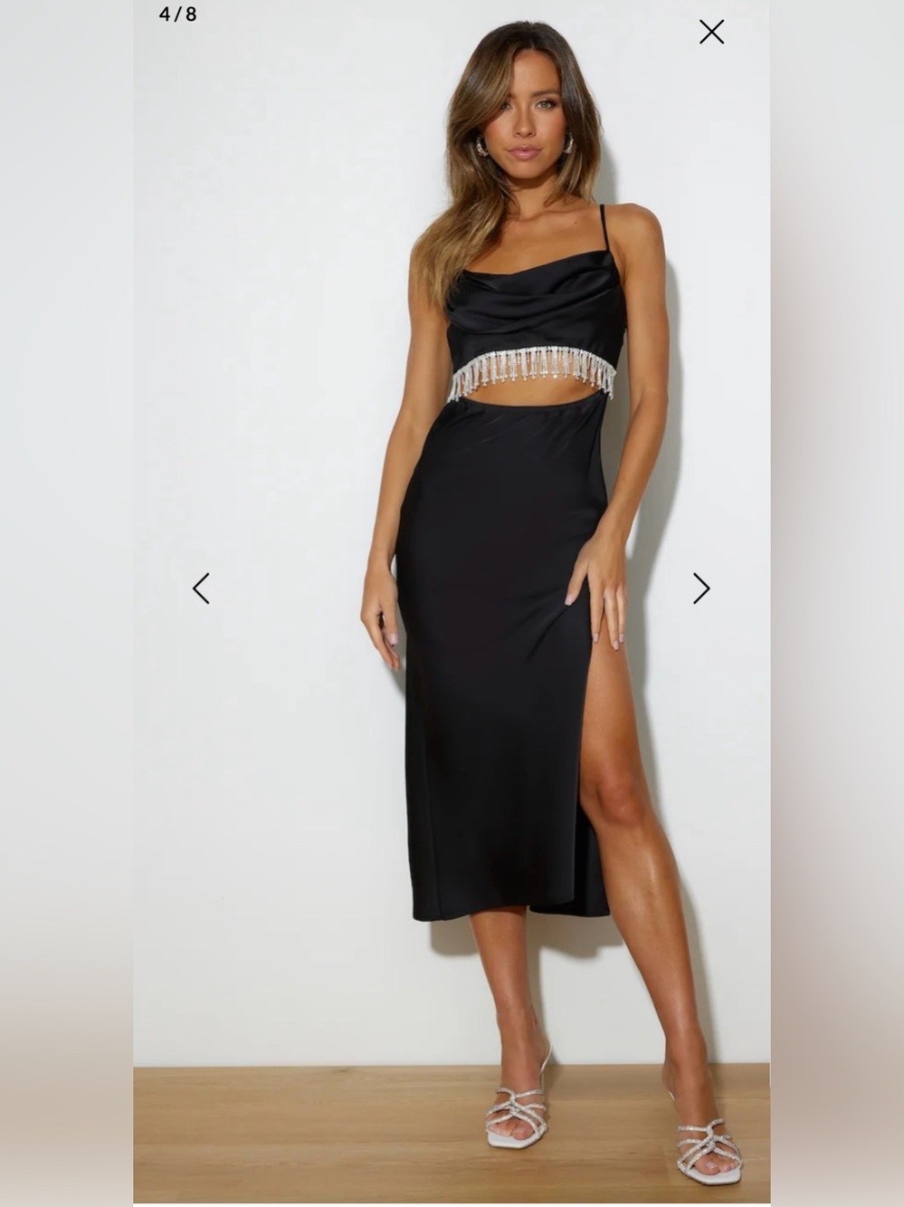 Hello Molly Black Satin Slip Dress with Crystal Fringe